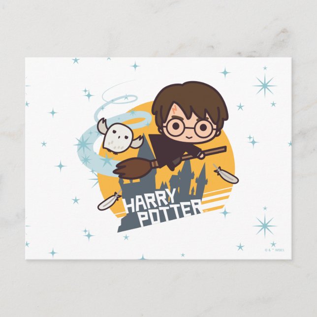 Cartão Postal Harry e Hedwig em Desenho Animado Voando Passado H (Frente)