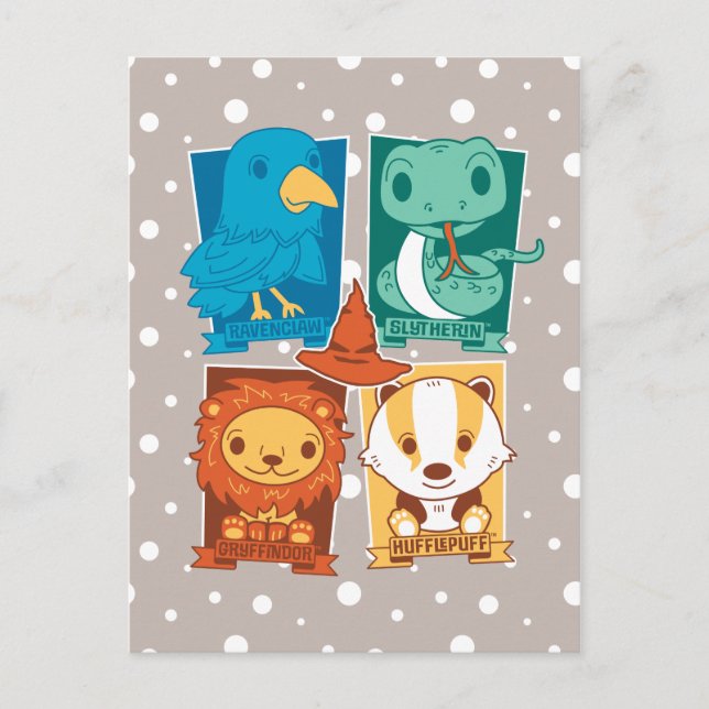 CARTÃO POSTAL HARRY POTTER™| CASAS HOGWARTS™ DE CARTOON (Frente)