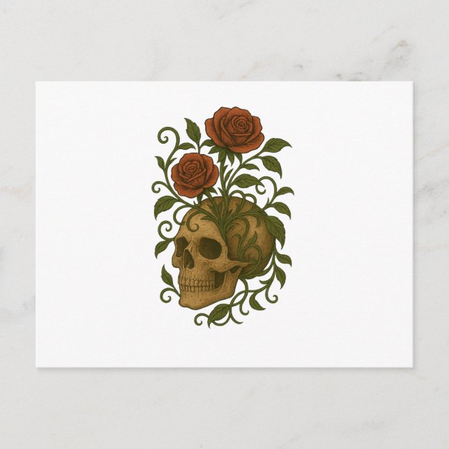 Cartão Postal Haunting Beauty – Skull and Roses Halloween Art (Frente)