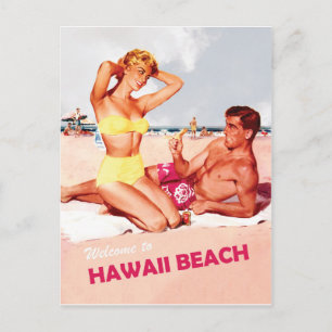 Cartão Postal Havaí, casal de surfe feliz, viagens vintage
