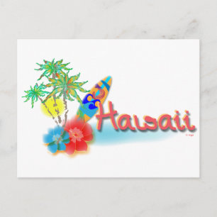 Cartão Postal Havaí com Palmas, Flores e Surfboard