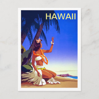 Cartão Postal Havaí, garota na ilha tropical, viagem vintage