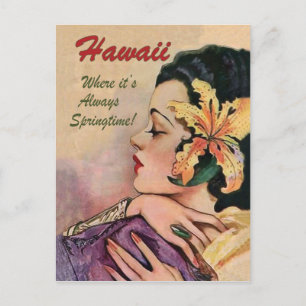 Cartão Postal Havaí, mulher com uma flor trópica grande no cabel
