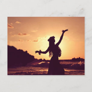 Cartão Postal Havaí, silhueta menina Hula no pôr do sol, foto