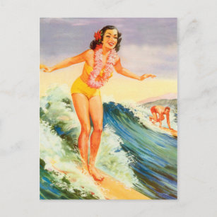 Cartão Postal Havaí, surfista havaiana em uma grande onda, vinta