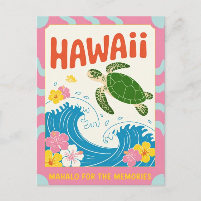 Cartão Postal Hawaii USA Retro Sea Turtle Hibiscus Mahalo (Frente)