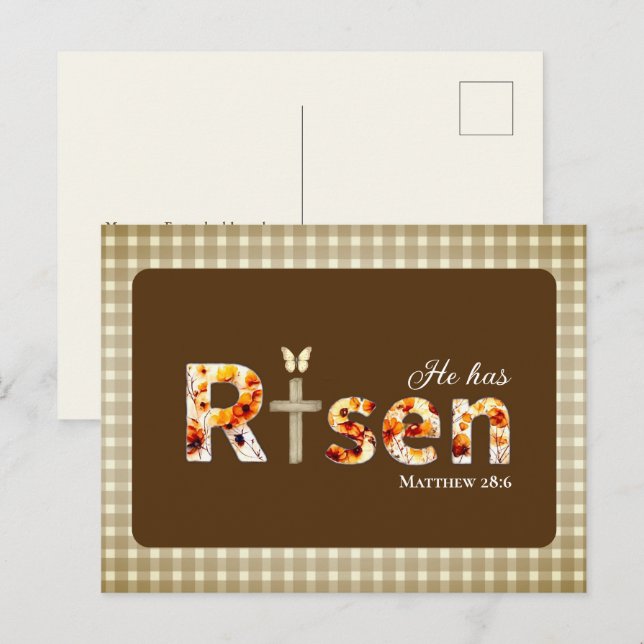 Cartão Postal He has Risen Bible Verse Cross Religious Easter  (Frente/Verso)