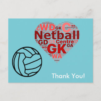Cartão Postal Heart Design Netball Obrigado