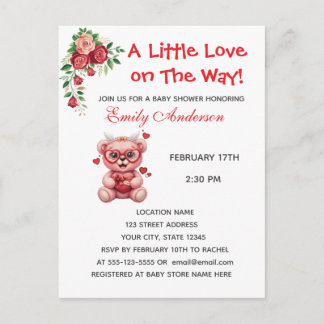 Cartão Postal Heart Glasses Teddy Bear Pink Baby Shower Invite