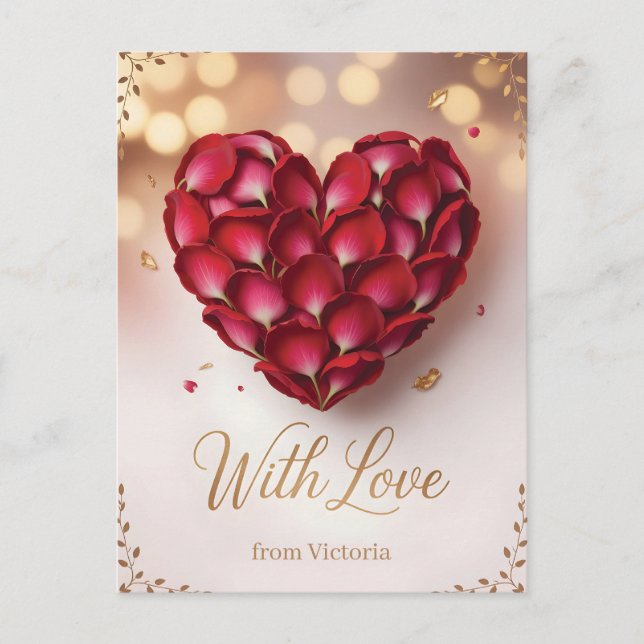 Cartão Postal Heart Made of Deep Red Rose Petals and Gold Script (Frente)