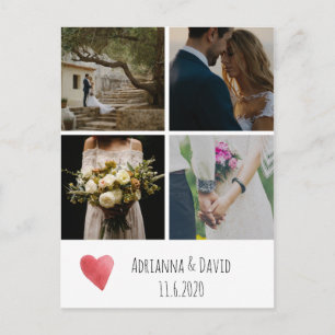 Cartão Postal Heart Watercolor Wedding Obrigado Foto Collage