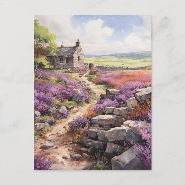 Cartão Postal Heather Moorland E Stone House Landscape (Frente)