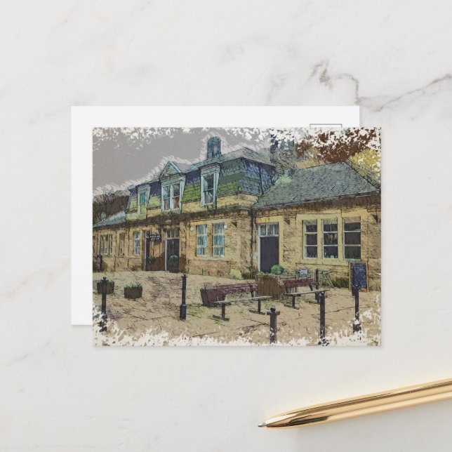 Cartão Postal Hebden Bridge Railway Station Yorkshire Artwork (Frente/Verso In Situ)