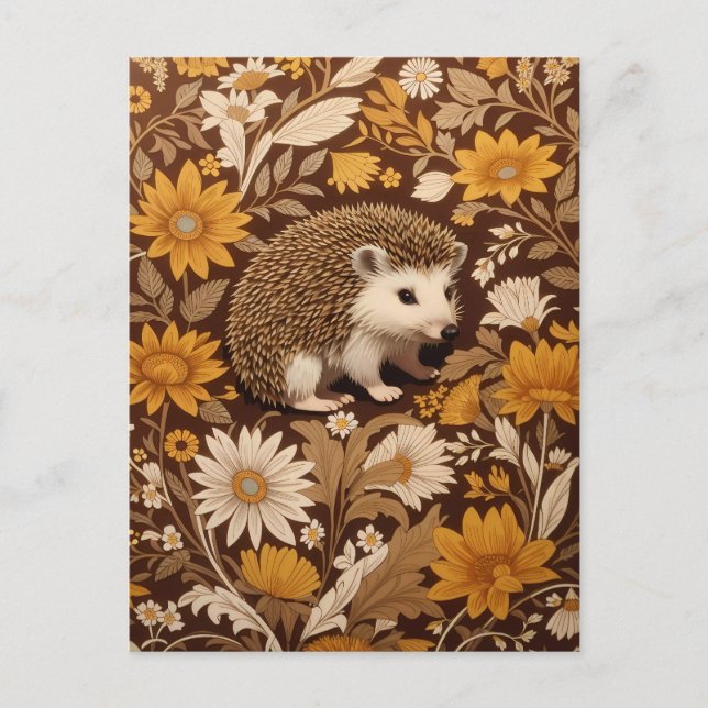Cartão Postal Hedgehog Brown Floral William Morris Inspirou (Frente)