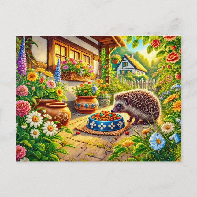 Cartão Postal Hedgehog na Comida de Cat em Terrace (Frente)