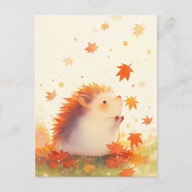 Cartão Postal Hedgehog Watching Falling Autumn Maple Leaf (Frente)