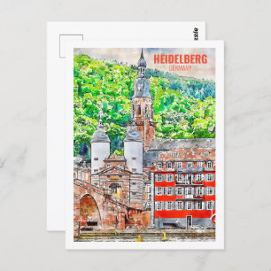 Cartão Postal Heidelberg Alemanha Famoso Viagem Watercolor Sketc