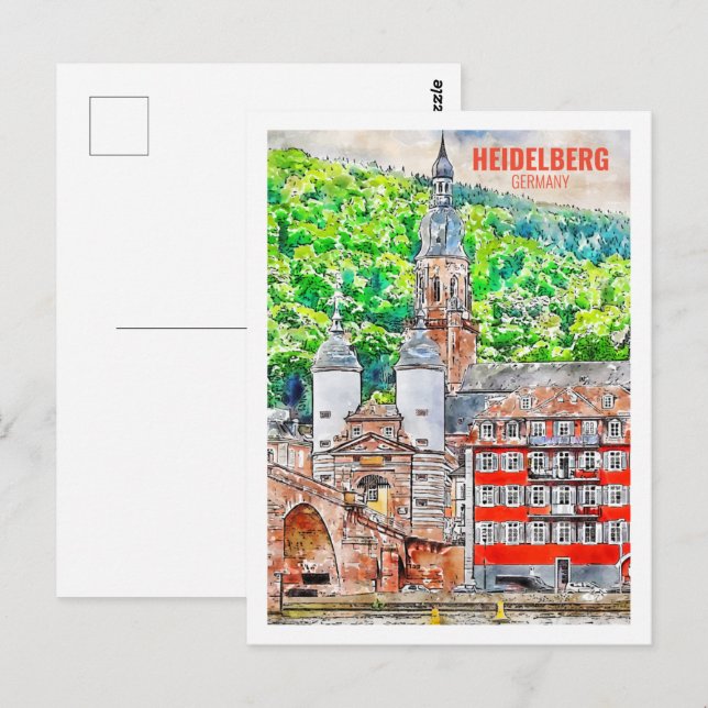 Cartão Postal Heidelberg Alemanha Famoso Viagem Watercolor Sketc (Frente/Verso)