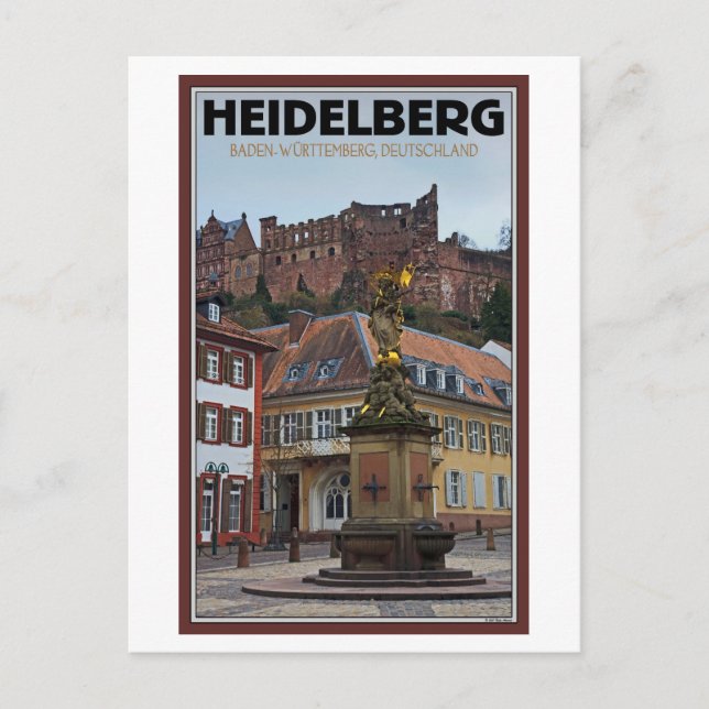 Cartão Postal Heidelberg - Estátua e Castelo (Frente)