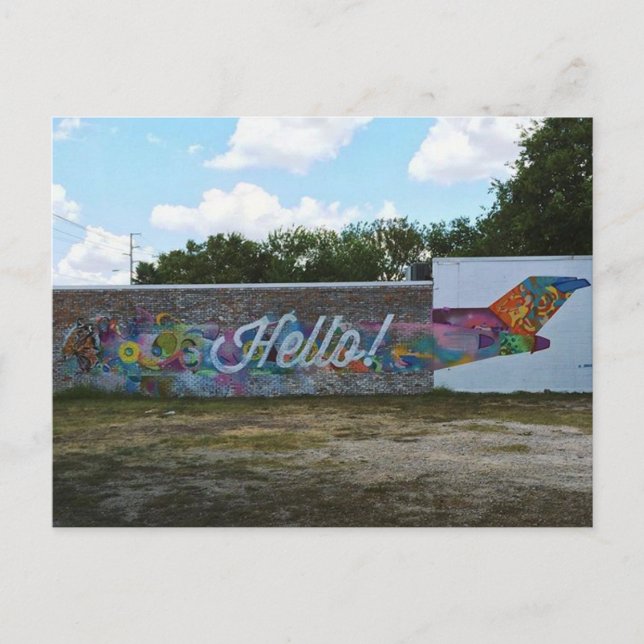 Cartão Postal Hello Art Wall em Austin, Texas Postcard (Frente)