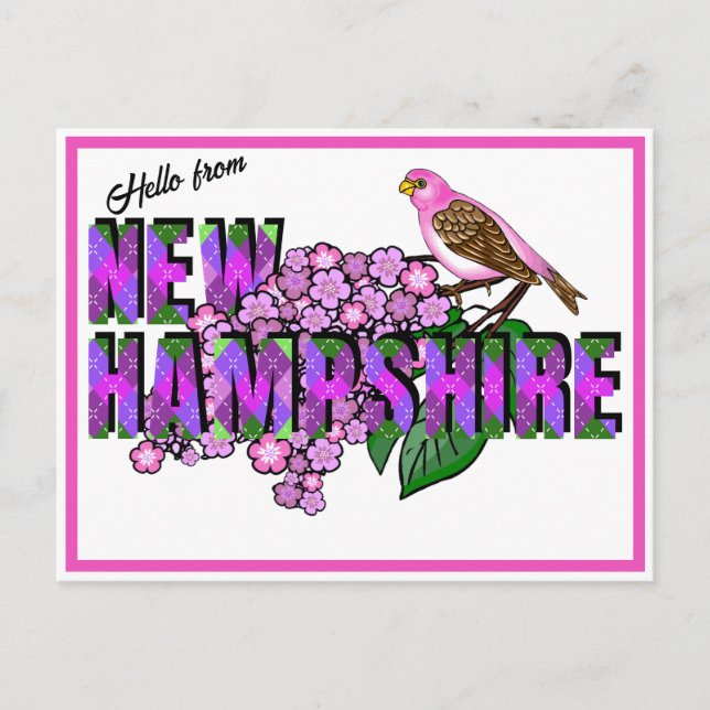 Cartão Postal Hello from New Hampshire Purple Finch & Lilacs (Frente)