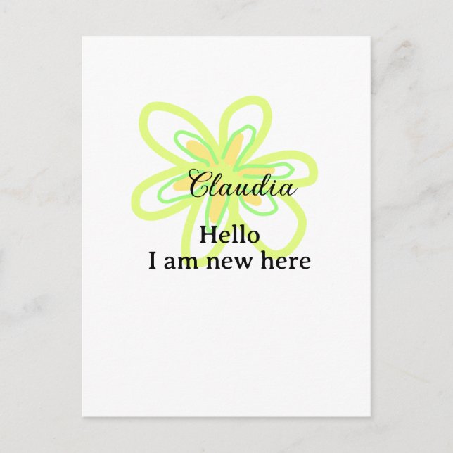 Cartão Postal Hello I am new here name yellow green flower kids (Frente)