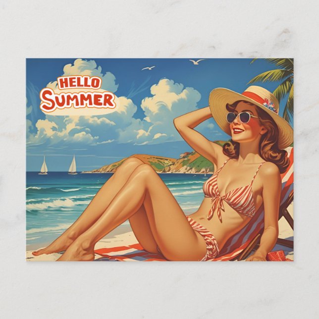 Cartão Postal Hello Summer Retro Woman on the Beach  (Frente)
