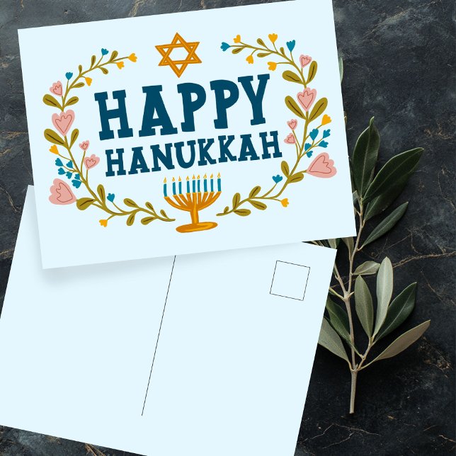 Cartão Postal HELY HANUKKAH, terra floral judia, personalizável (HAPPY HANUKKAH floral wreath Jewish Customizable Postcard
)