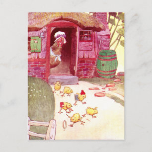 Cartão Postal Hen em Casa Rosa Observando Pintinhos