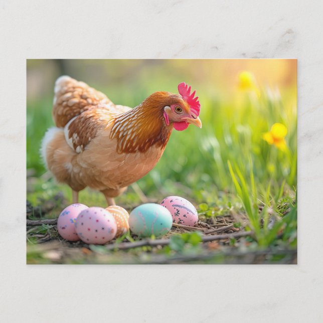 Cartão Postal Hen Next to Easter Nest with Colorful Eggs (Frente)