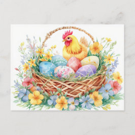 Cartão Postal Hen stands beside an Easter nest filled with eggs