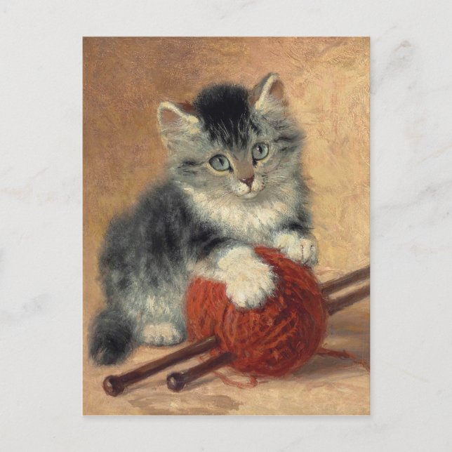 Cartão Postal Henriëtte Ronner-Knip Um gatinho com uma bola de l (Frente)