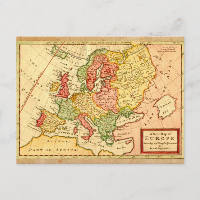Cartão Postal Herman Moll Map da Europa do século XVII (Frente)