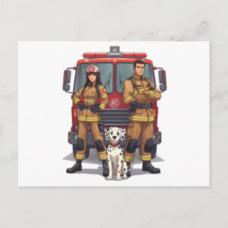 Cartão Postal Heroic Firefighter Duo and Dalmatian Postcard