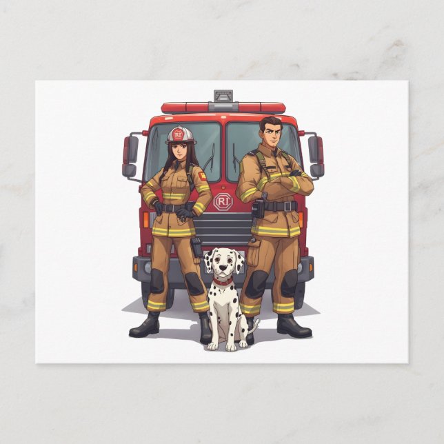 Cartão Postal Heroic Firefighter Duo and Dalmatian Postcard (Frente)