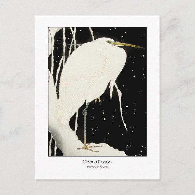 Cartão Postal Heron na neve - Ohara Koson + título - Arte ventiç (Frente)