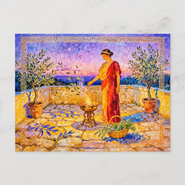 Cartão Postal Hestia Lighting a Sacred Fire on Terrace with Oliv (Frente)