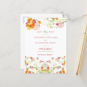 Cartão Postal Hibisco Amarelo e Andorinhas Florais Salve a Data