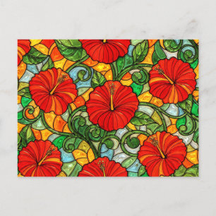 Cartão Postal Hibisco Vermelho Laranja Dourado Vidro Falso Manch