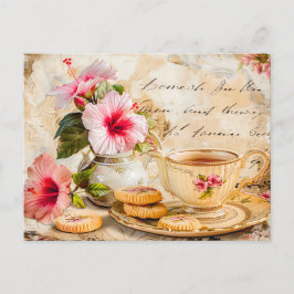 Cartão Postal Hibiscus Blossoms with Fantasy Script and Tea Cup
