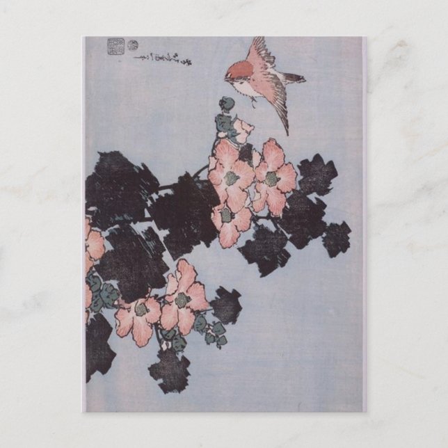 Cartão Postal Hibiscus e Sparrow por Katsushika Hokusai (Frente)