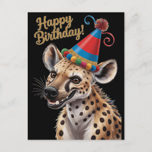 Cartão Postal Hiena manchada usando chapéu de aniversário