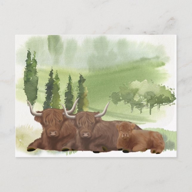 Cartão Postal Highland Cow Family Watercolor Scotland (Frente)