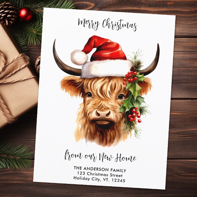 Cartão Postal Highland Cow Festivo New Home Felice Natal (Criador carregado)