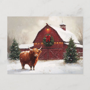 Cartão Postal Highland Cow Red Barn Wreath de Natal