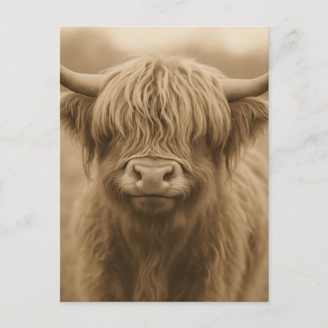 Cartão Postal Highland Cow Sepia Portrait (Frente)