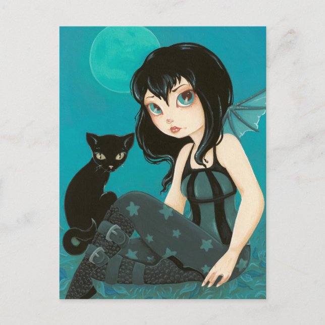 Cartão Postal Hijinks em Moonlight - Fairy Black cat postais (Frente)