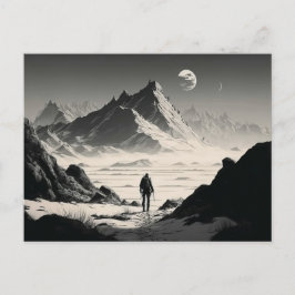 Cartão Postal Hiker Solitário Negro e Branco nas Montanhas do De