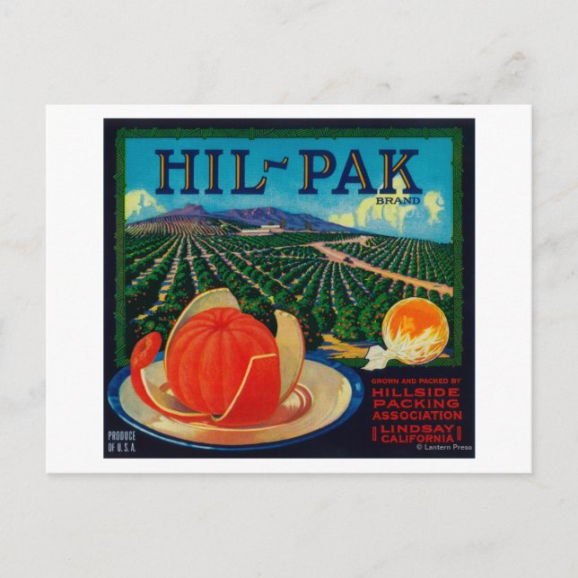 Cartão Postal Hil Pak Orange LabelLindsay, CA (Frente)