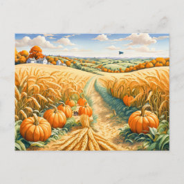 Cartão Postal Hilly Landscape with Wheat Field and Pumpkins